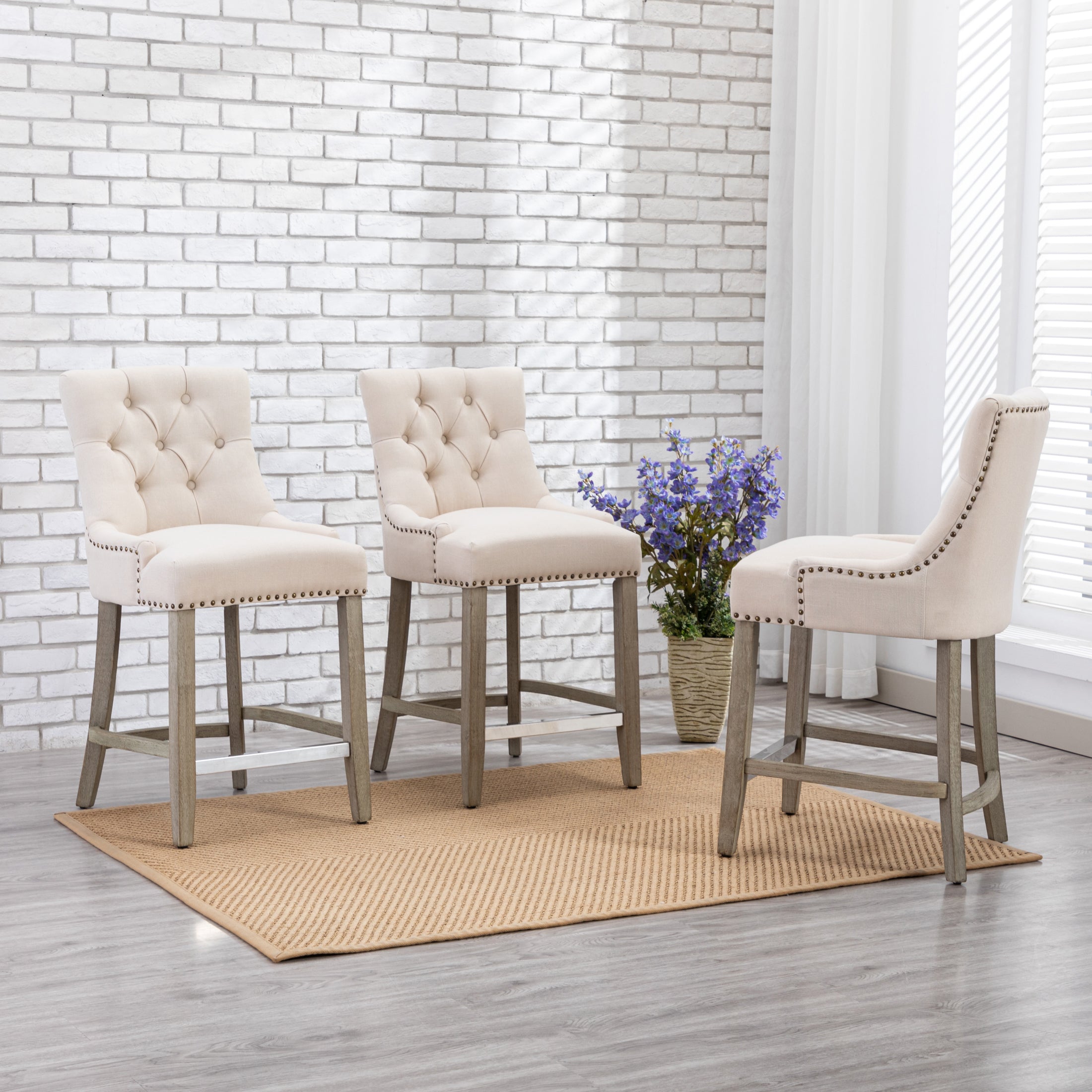 Hayes 24" Upholstered Wood Bar Stool with Tufted Back (Set of 3)