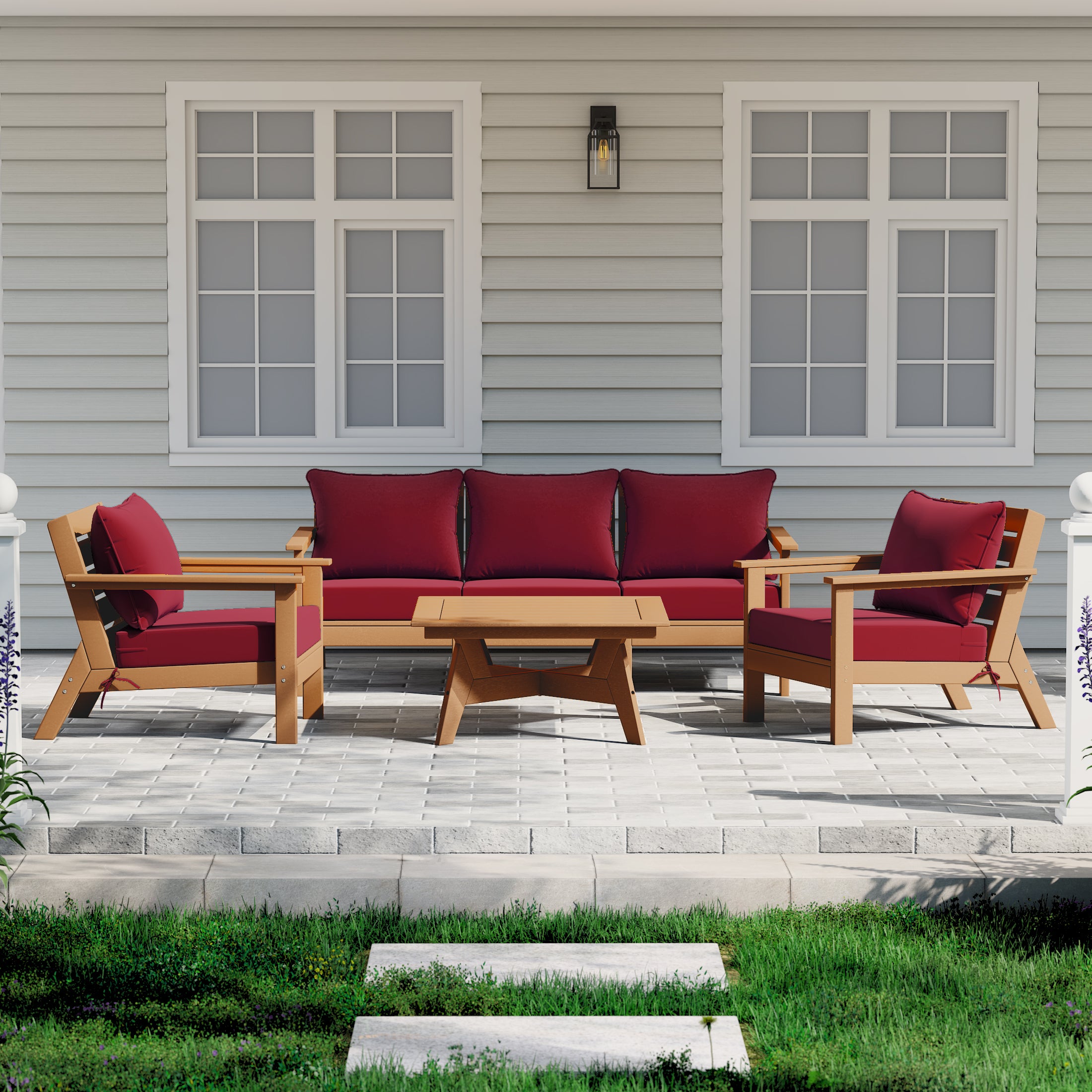 Avalon Outdoor 6-Piece Modular Sectional Patio Furniture Sofa Set in Teak Color Frame