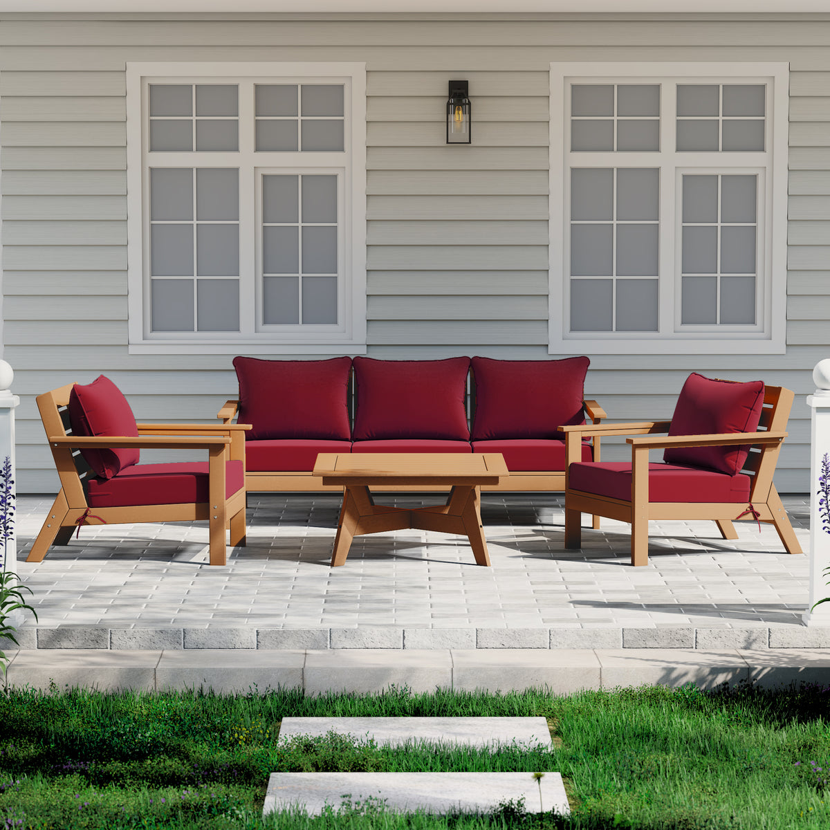 Avalon 6 piece modular sectional sofa set in Teak with Red cushions styled outdoors