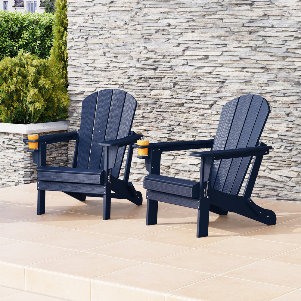 Nantucket Outdoor Patio HDPE Resin Folding Adirondack Chairs With Cup Holder and Phone Holder (Set of Two)