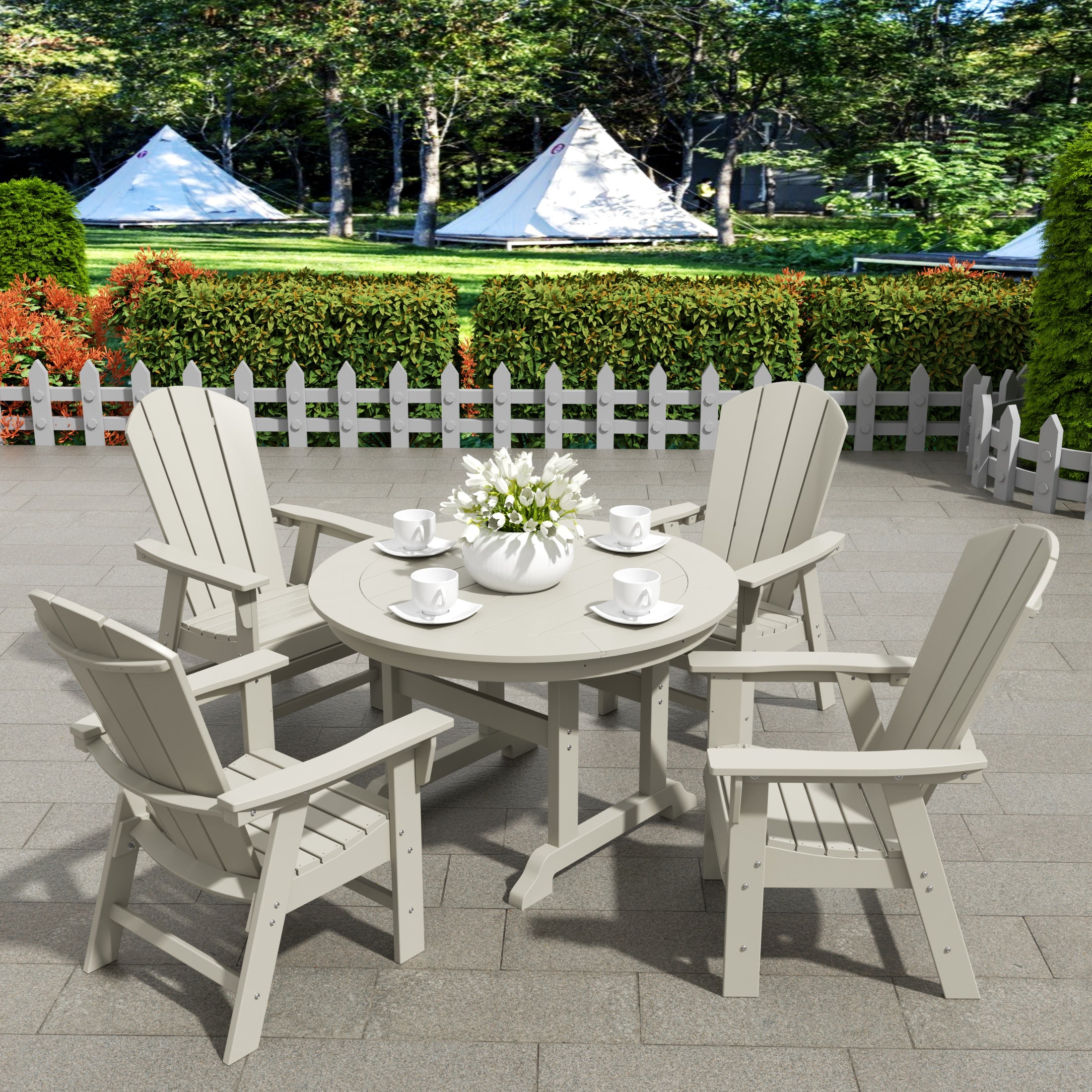 Malibu 5 Piece Outdoor Patio Dining Round Table and Curved Back Armchair Set