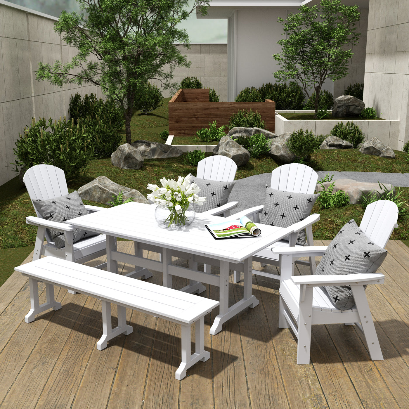 Dylan 6 Piece Outdoor Patio Rectangle Dining Table and Dining Bench Shell Back Armchair Set