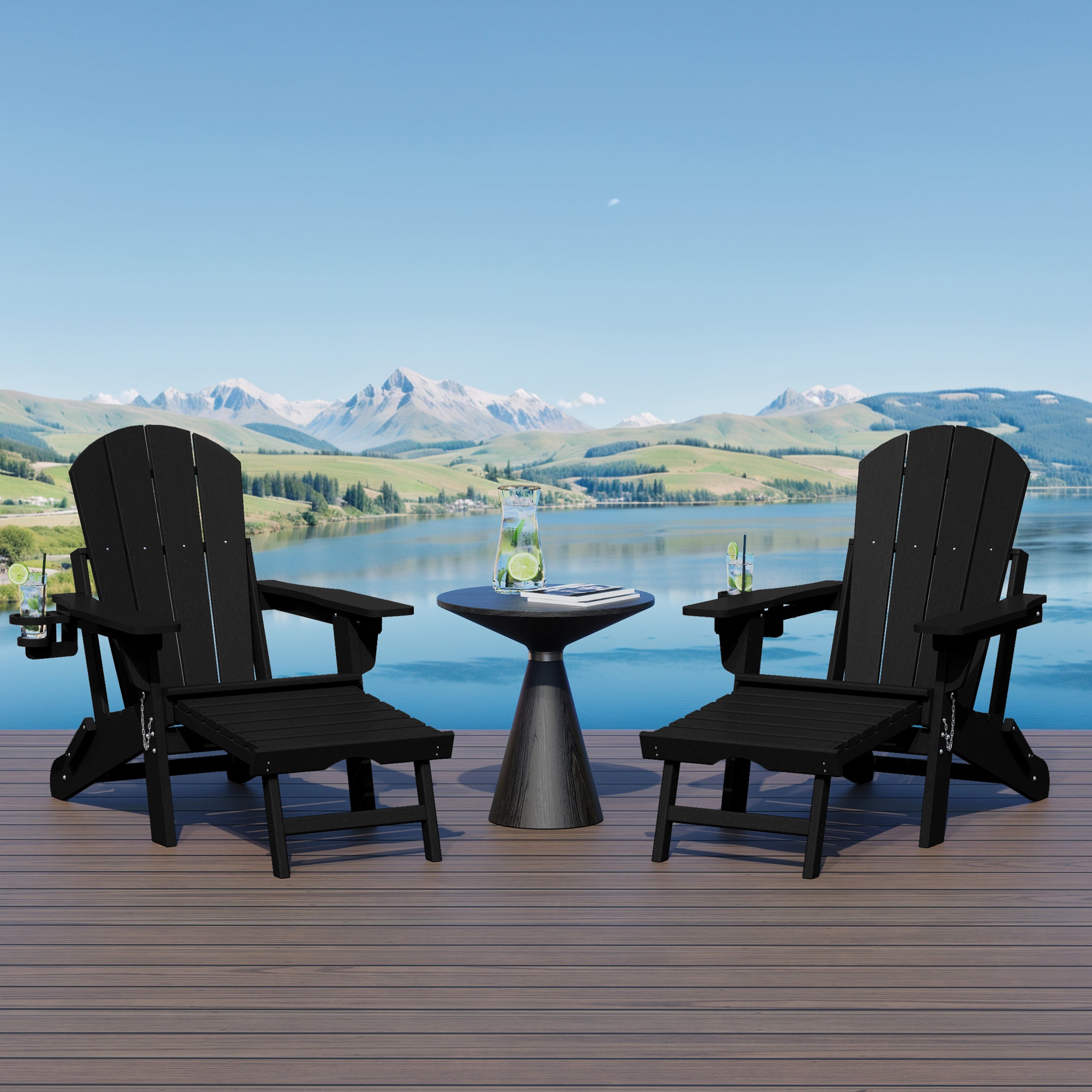 Malibu Folding Adjustable Adirondack Chair with Retractable Ottoman and Cup Holder (Set of 2)