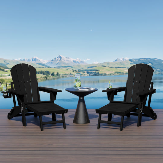 Malibu Folding Adjustable Adirondack Chair with Retractable Ottoman and Cup Holder (Set of 2)