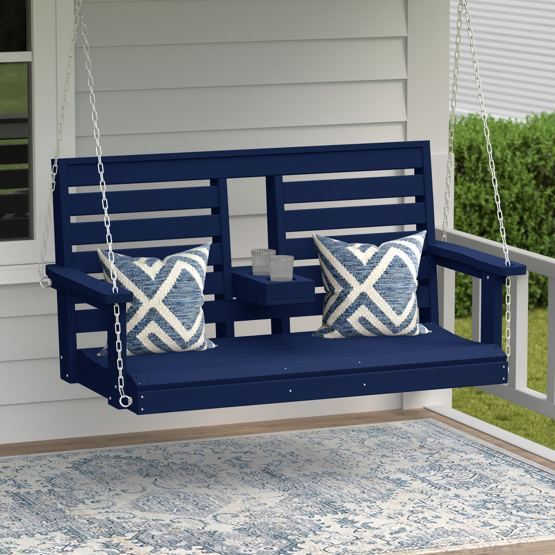 St Charles Outdoor HDPE 54" Front Hanging Porch Swing Bench With Cupholders