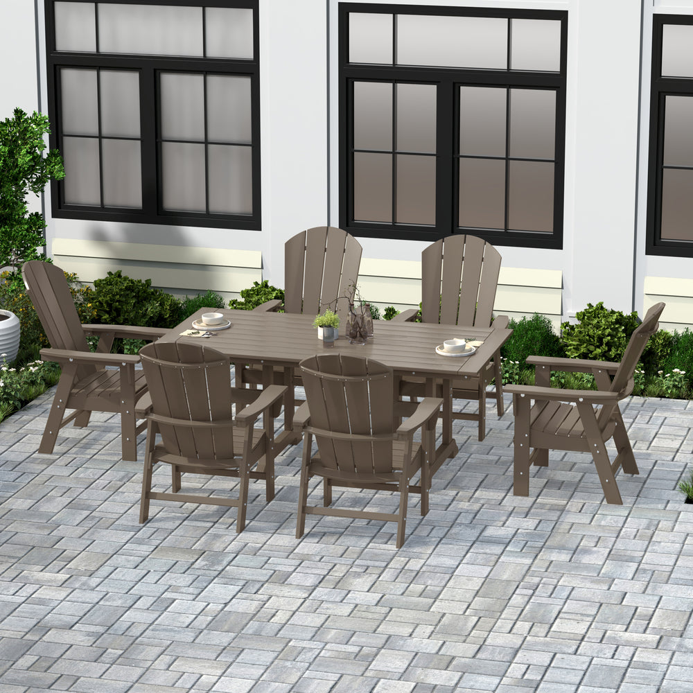 Malibu 7 Piece Outdoor Patio Dining Table and Adirondack Armchair Set
