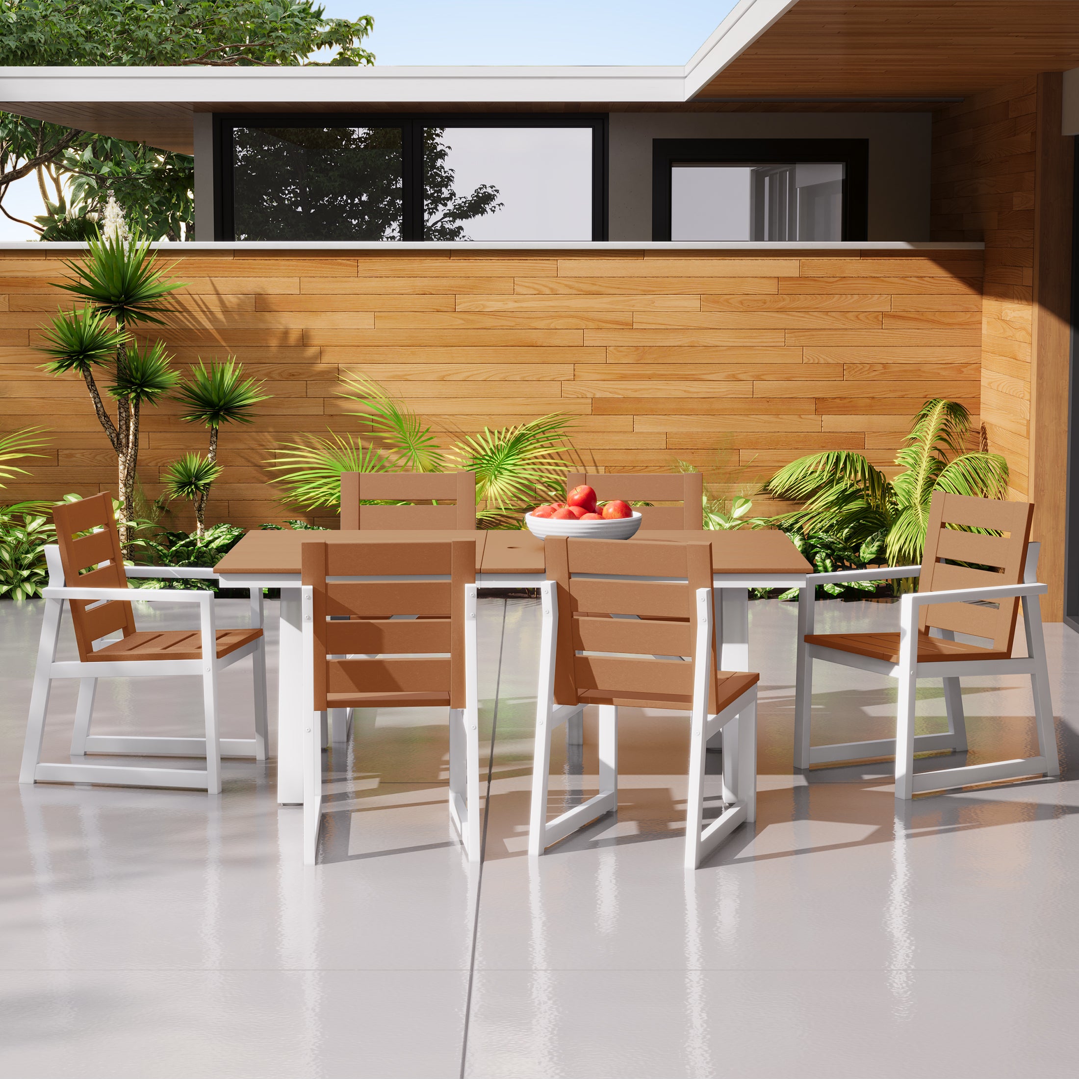 Cape May 7-Piece HDPE Outdoor Furniture Patio Dining Table With Umbrella Hole and Chairs Set For 6
