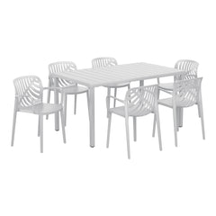 Playa 7-Piece Outdoor Metal Rectangle Patio Dining Table Set With Stackable Resin Patio Dining Chairs