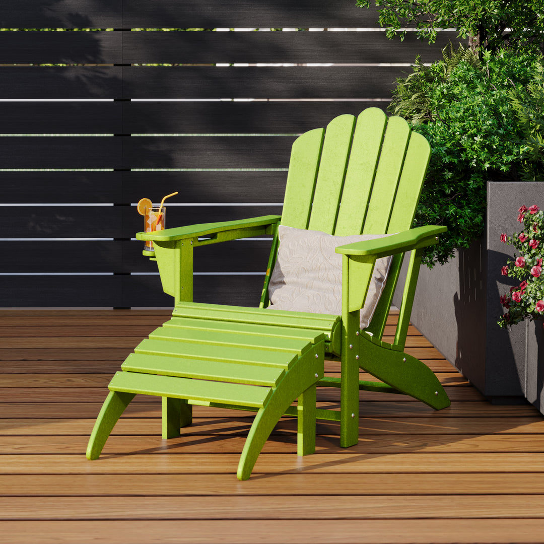 Highland 2-Piece Outdoor Patio HDPE Adirondack Chair With Ottoman and Cup Holder Set