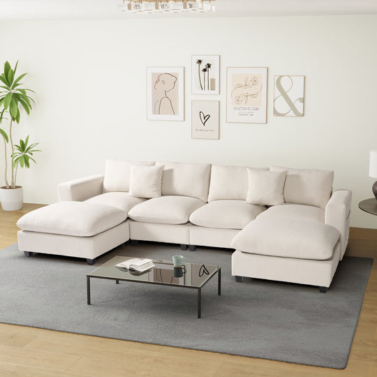 Hearthside 128" Corduroy Modular U-Shaped Sectional Couch and Chaise With USB/Type-C Ports and Side Pockets