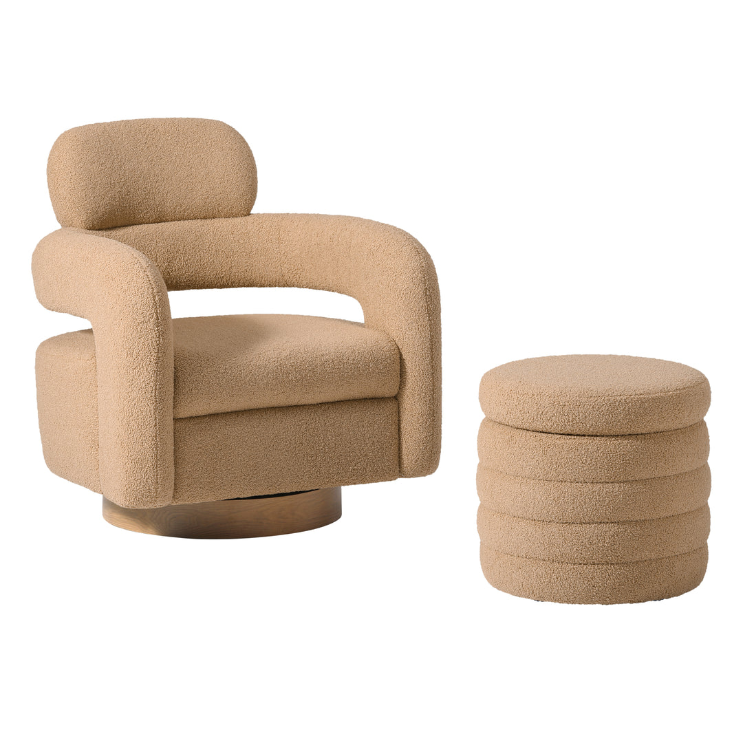 Alexandria Mid-Century Modern Sherpa Swivel Barrel Accent Chair With Storage Ottoman