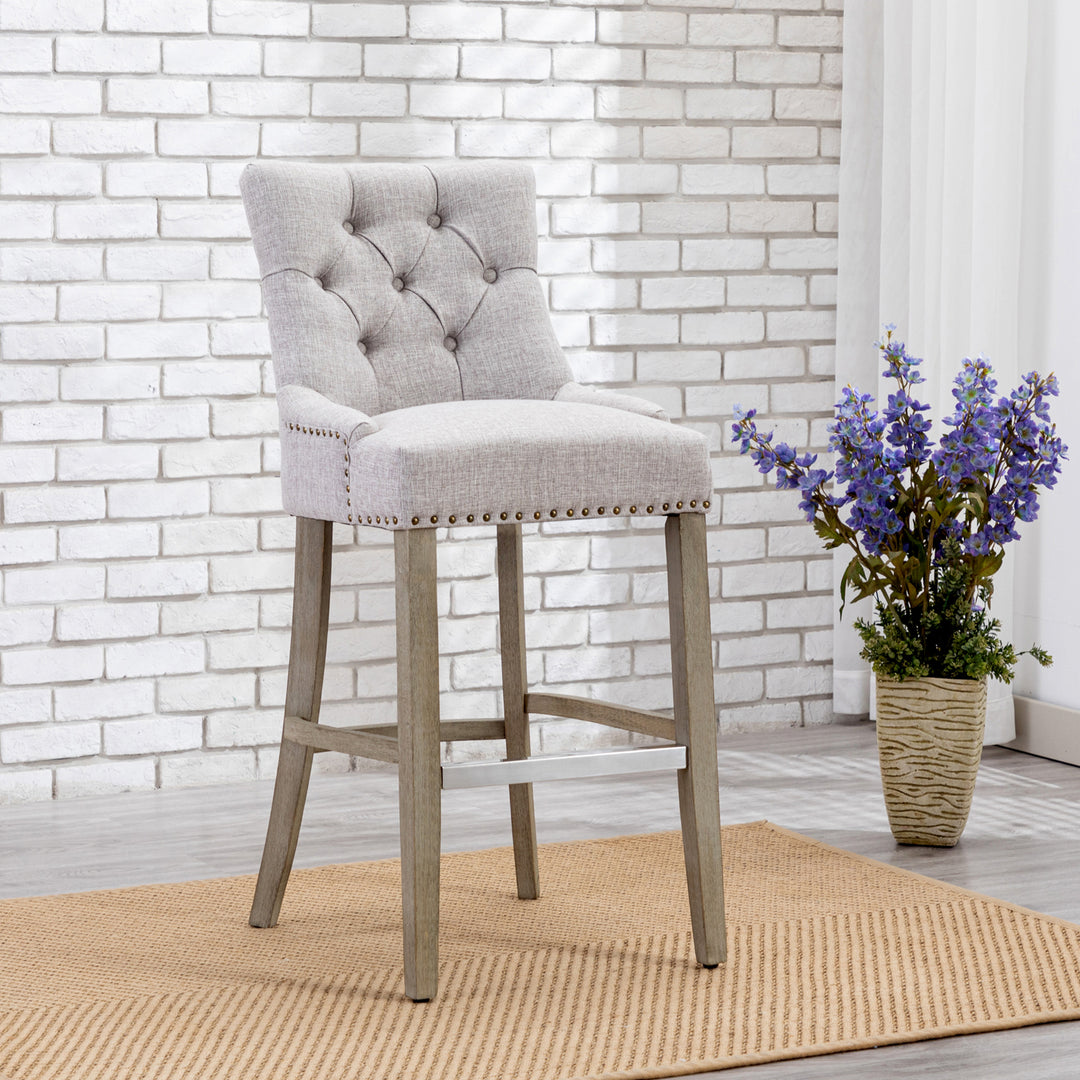 Hayes 29" Upholstered Tufted Wood Bar Stool, Antique Gray