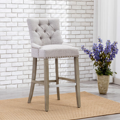 Hayes 29" Upholstered Tufted Wood Bar Stool, Antique Gray
