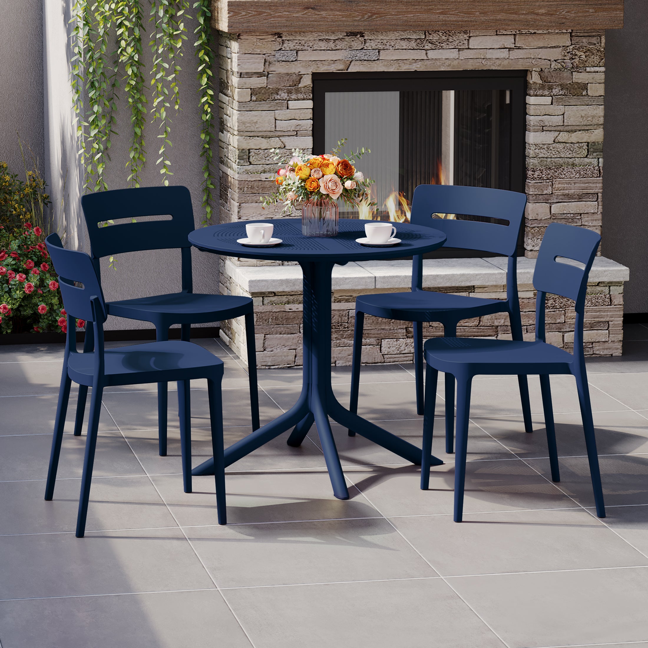 Playa Modern 5-Piece Resin Round Patio Dining Table Set with Stackable Patio Dining Chairs