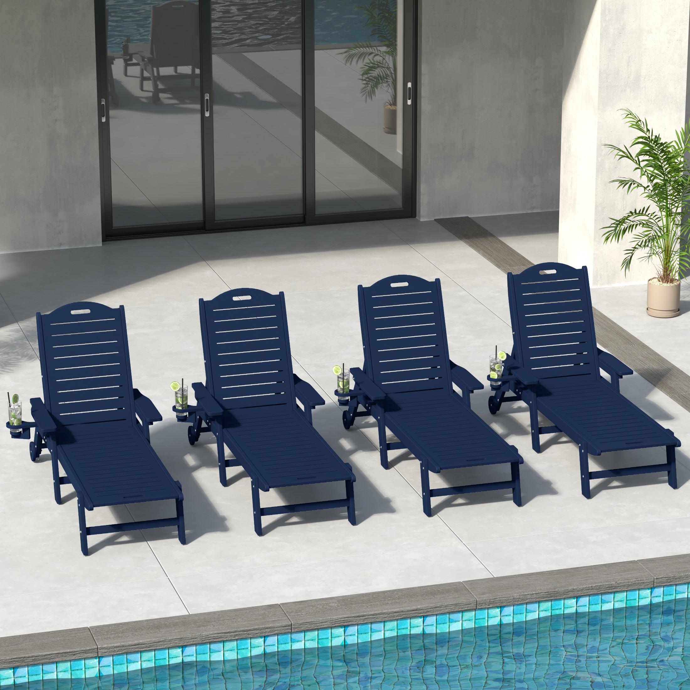 Aruba Outdoor HDPE Patio Chaise Lounges With Wheels & Cup Holder (Set of 4)
