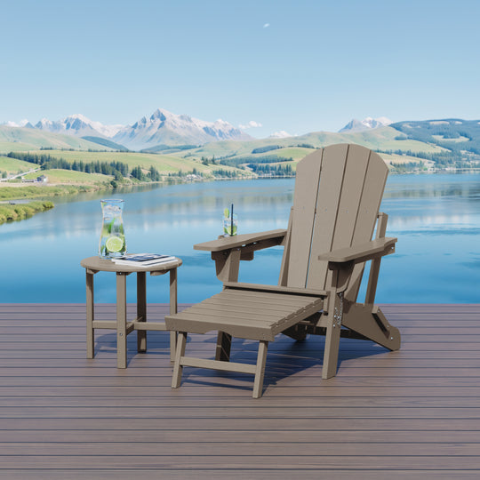 Malibu 2-Piece Outdoor Folding Adjustable Adirondack Chair with Cup Holder & Hideaway Ottoman and 18" Side Table