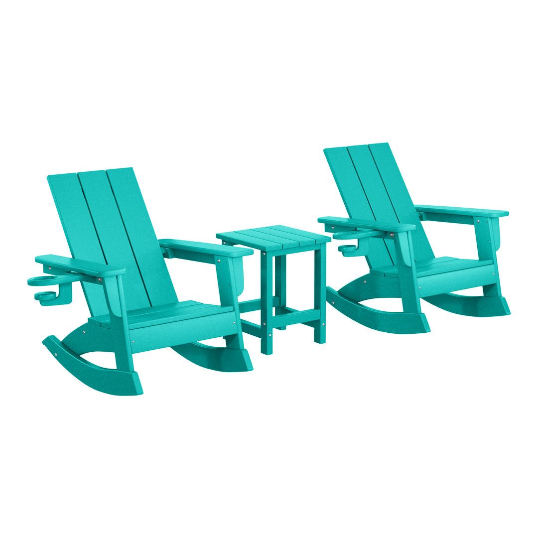 Ashore 3-Piece Kids Modern Rocking Chair With Cup Holder and Square Side Table Set