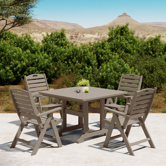 Malibu 5-Piece HDPE Square Patio Dining Table Set with Foldable Chairs