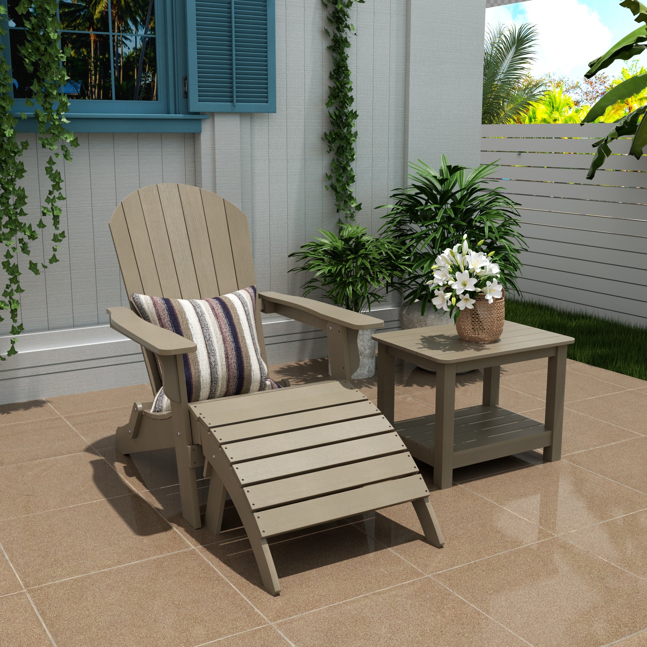 Tuscany 3-Piece HIPS Outdoor Folding Adirondack Seashell Chair With Folding Ottoman And Side Table