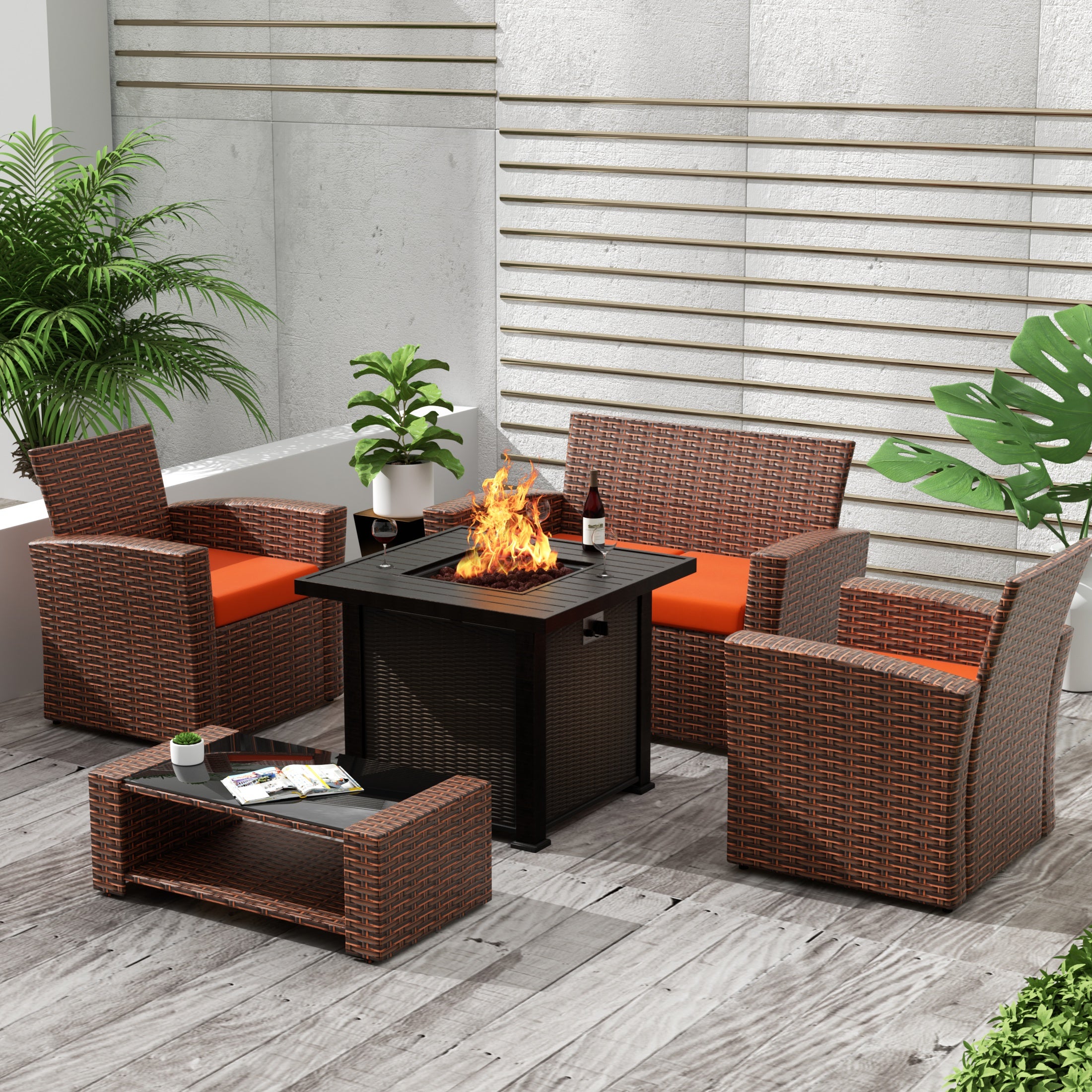 Coastal 4-Piece Conversation Outdoor Patio Sofa Set with Square Fire Pit Table, Brown