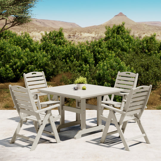 Malibu 5-Piece HDPE Square Patio Dining Table Set with Foldable Chairs