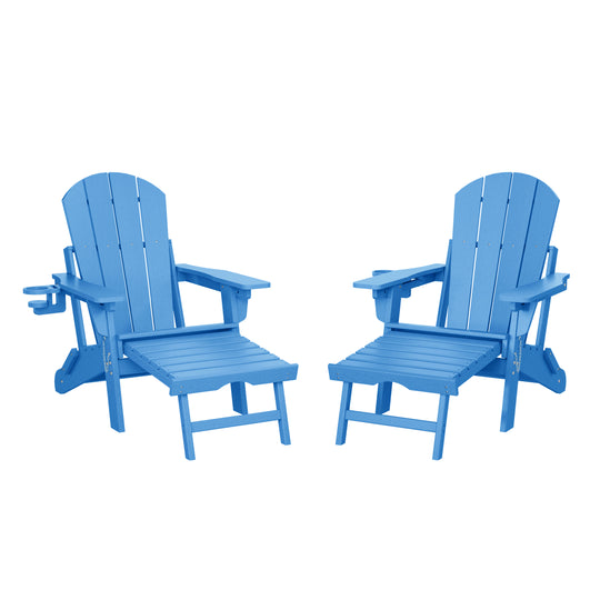 Malibu Folding Adjustable Adirondack Chair with Retractable Ottoman and Cup Holder (Set of 2)