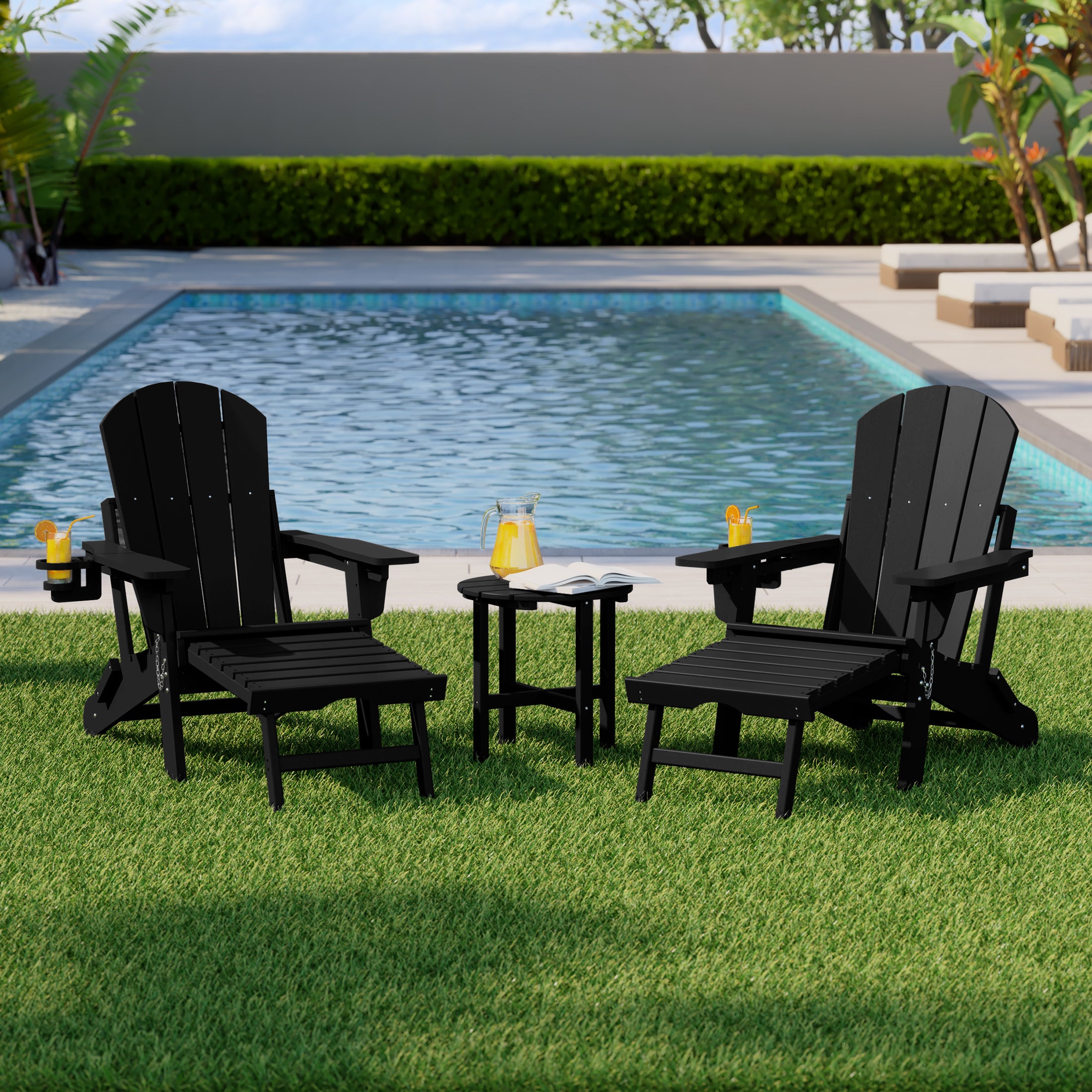 Malibu 3-Piece Outdoor Folding Adjustable Adirondack Chair with Cup Holder & Hideaway Ottoman and 18" Side Table