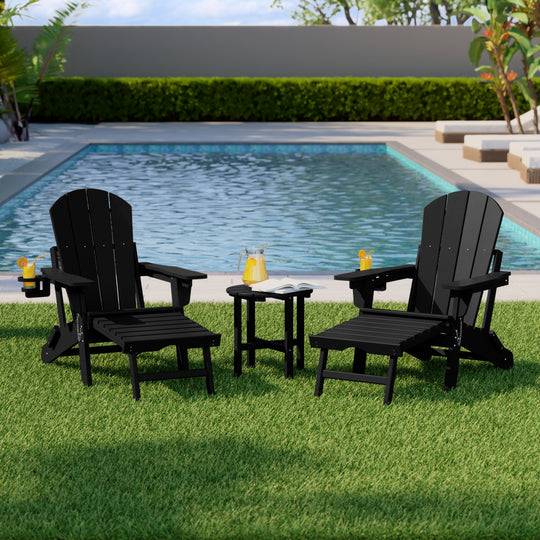 Malibu 3-Piece Outdoor Folding Adjustable Adirondack Chair with Cup Holder & Hideaway Ottoman and 18" Side Table
