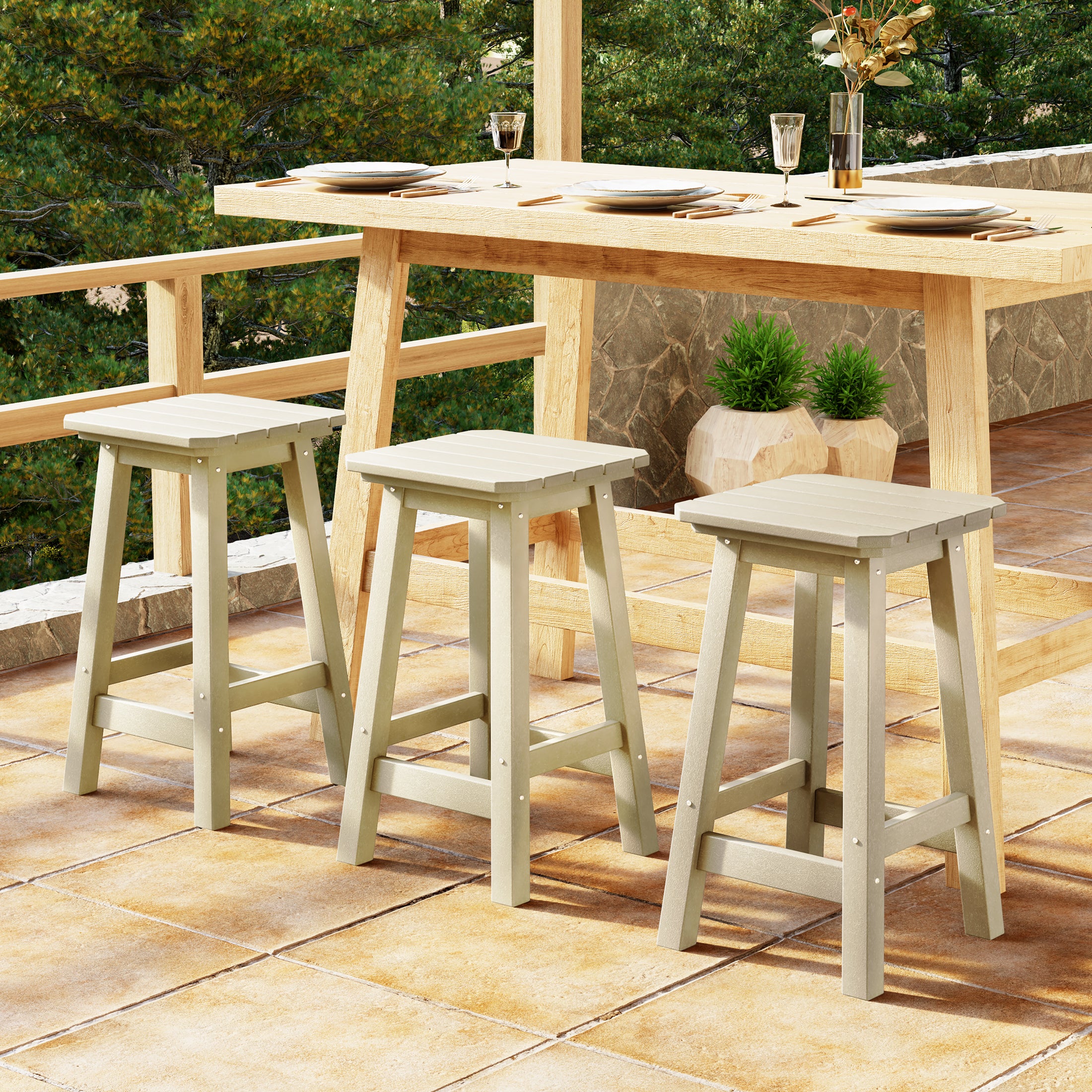 Malibu 24" HDPE Outdoor Patio Counter High Backless Square Bar Stools Set of Three