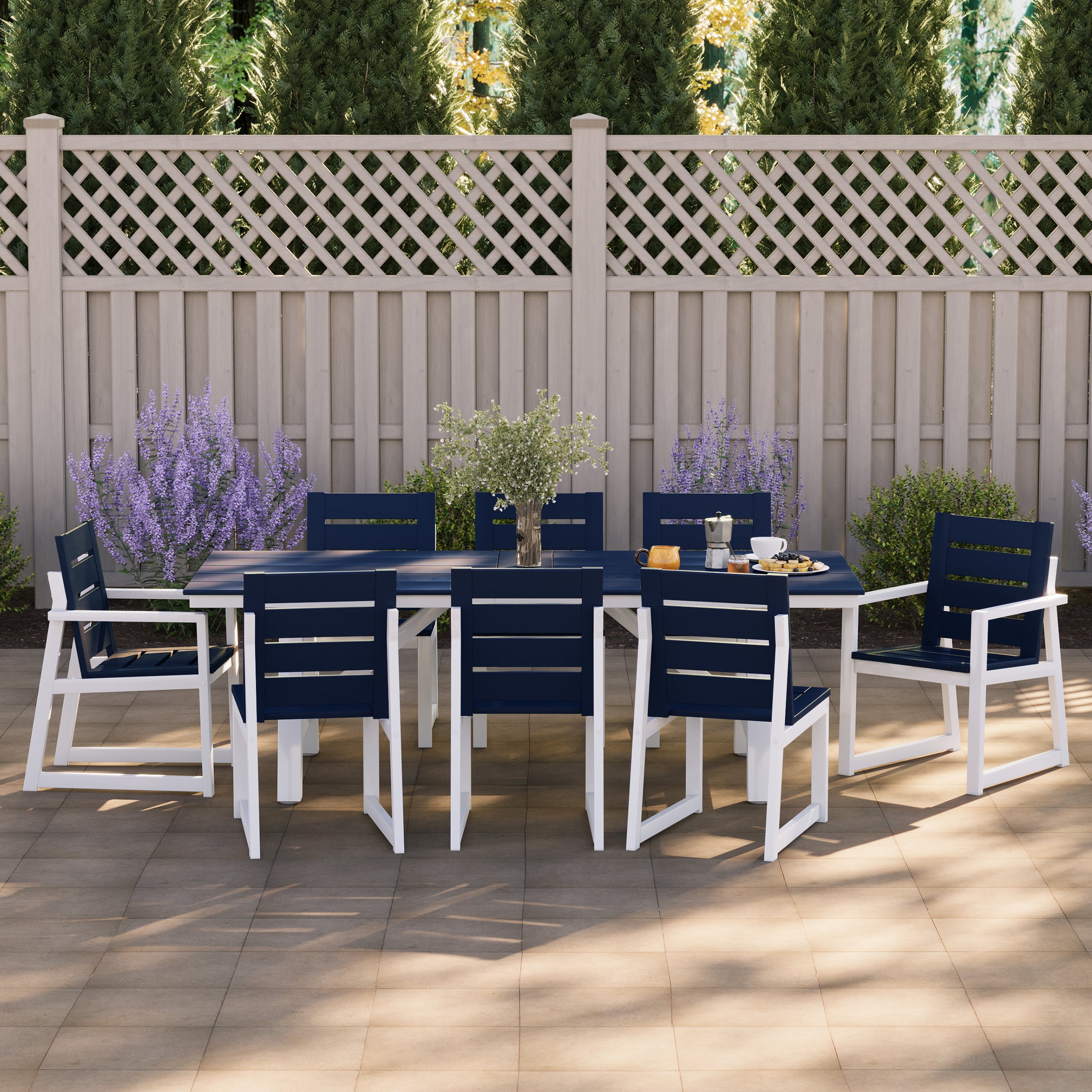 Cape May 9-Piece HDPE Outdoor Furniture Patio Dining Table With Umbrella Hole and Chairs Set For 8