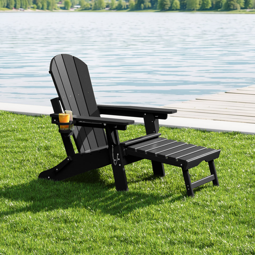 Malibu Folding Adjustable Adirondack Chair with Retractable Ottoman and Cup Holder