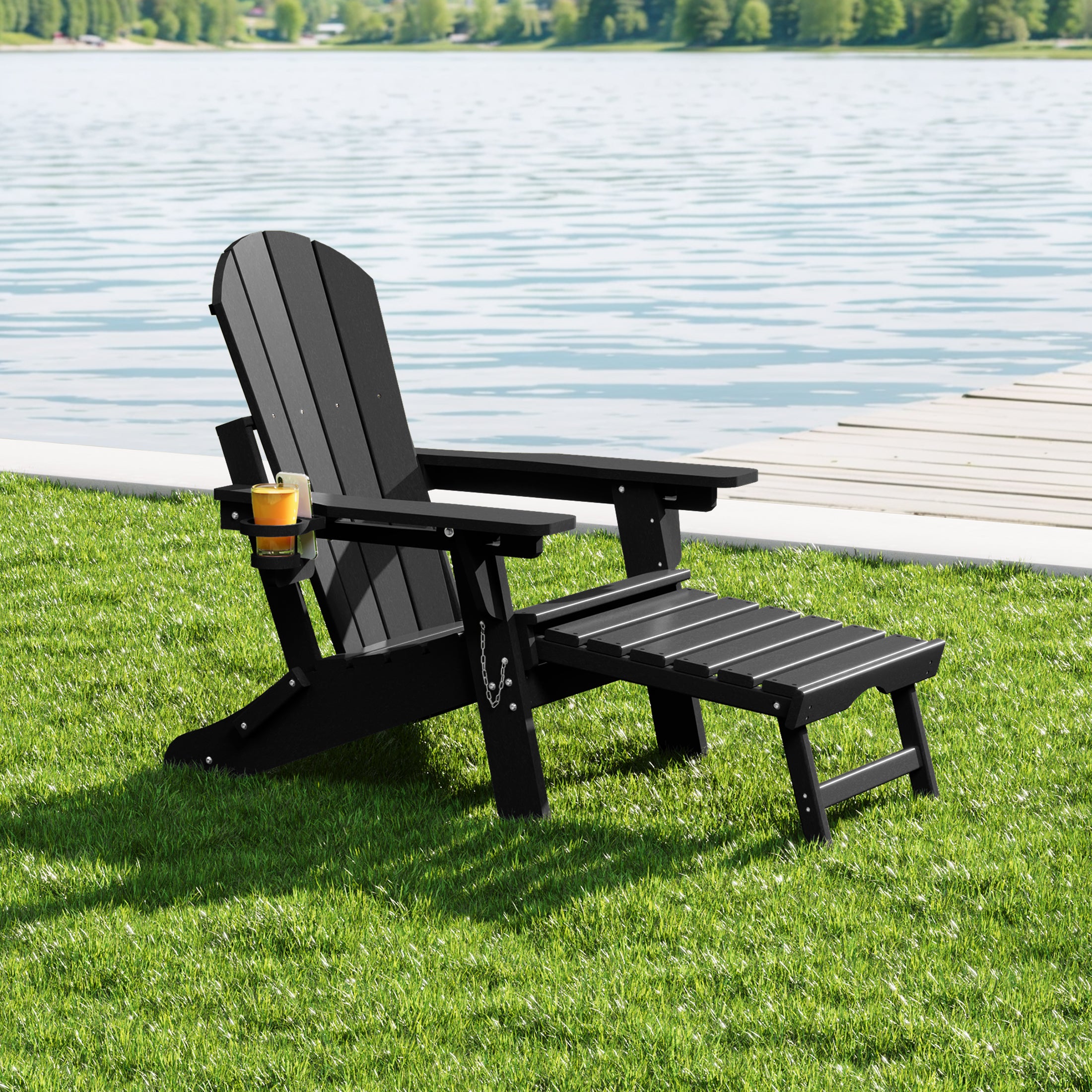 Malibu Folding Adjustable Adirondack Chair with Retractable Ottoman and Cup Holder