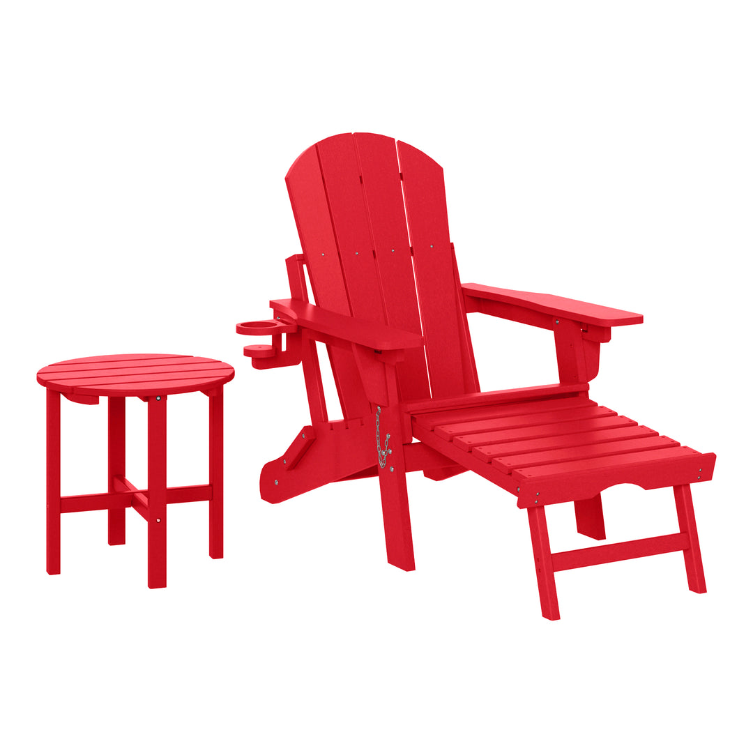 Malibu 2-Piece Outdoor Folding Adjustable Adirondack Chair with Cup Holder & Hideaway Ottoman and 18" Side Table