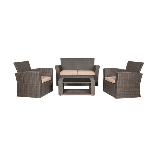 Coastal 4-Piece set Gray color base Outdoor / Patio Wicker Rattan Conversation Sofa set with cushions and a Coffee table ( 4 seater )