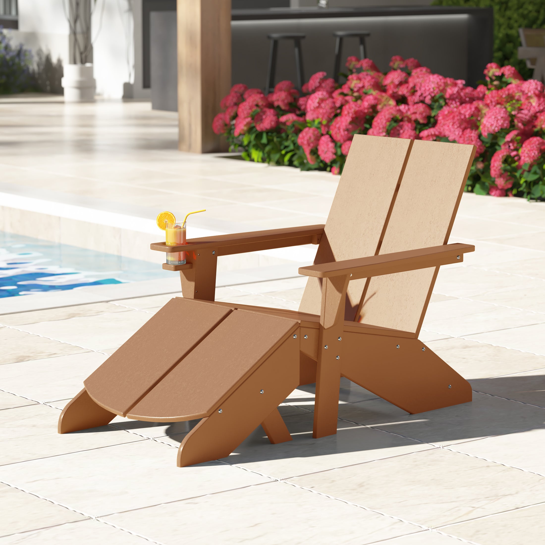 Riviera Outdoor HDPE Modern Adirondack Chair with Folding Patio Ottoman and Cup Holder