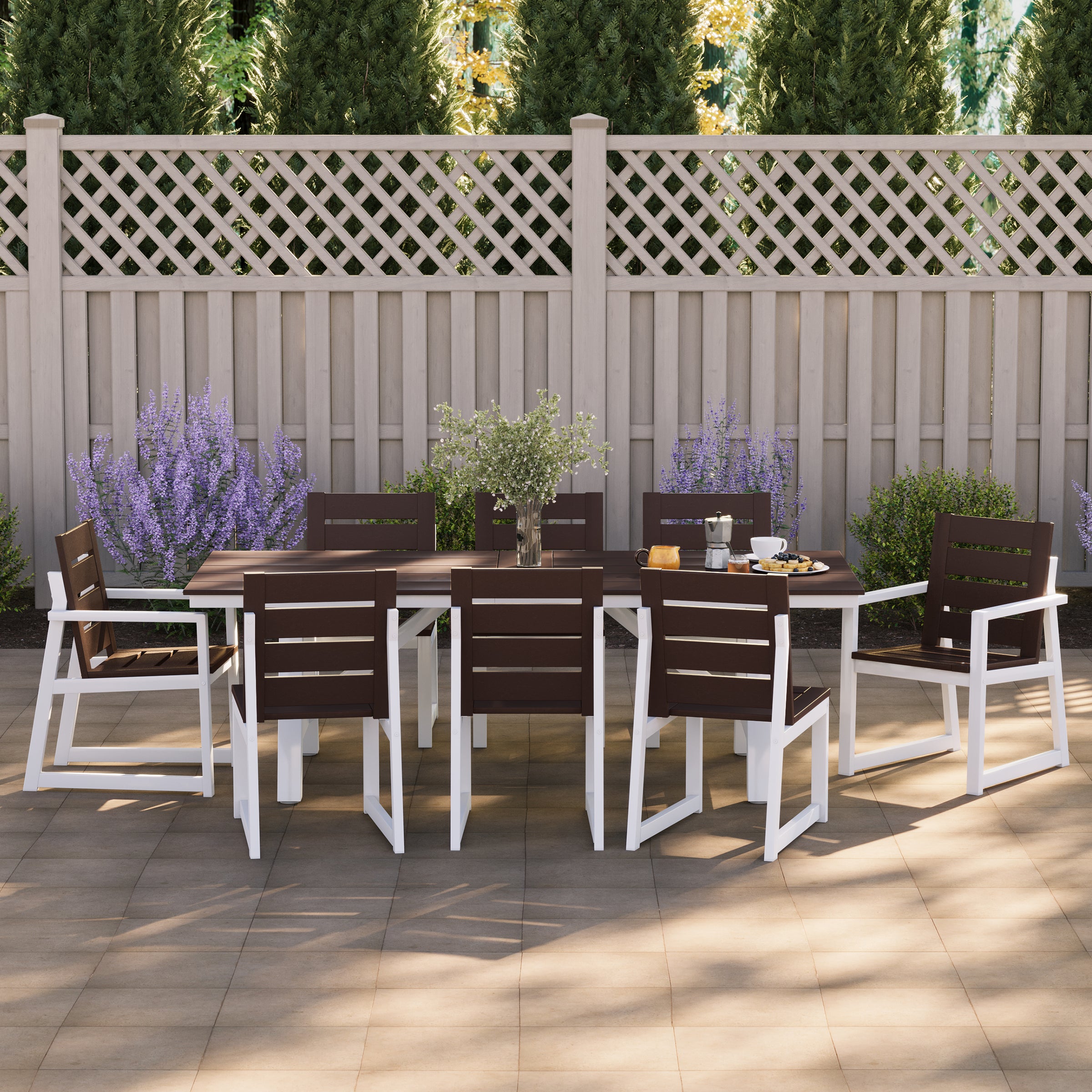 Cape May 9-Piece HDPE Outdoor Furniture Patio Dining Table With Umbrella Hole and Chairs Set For 8