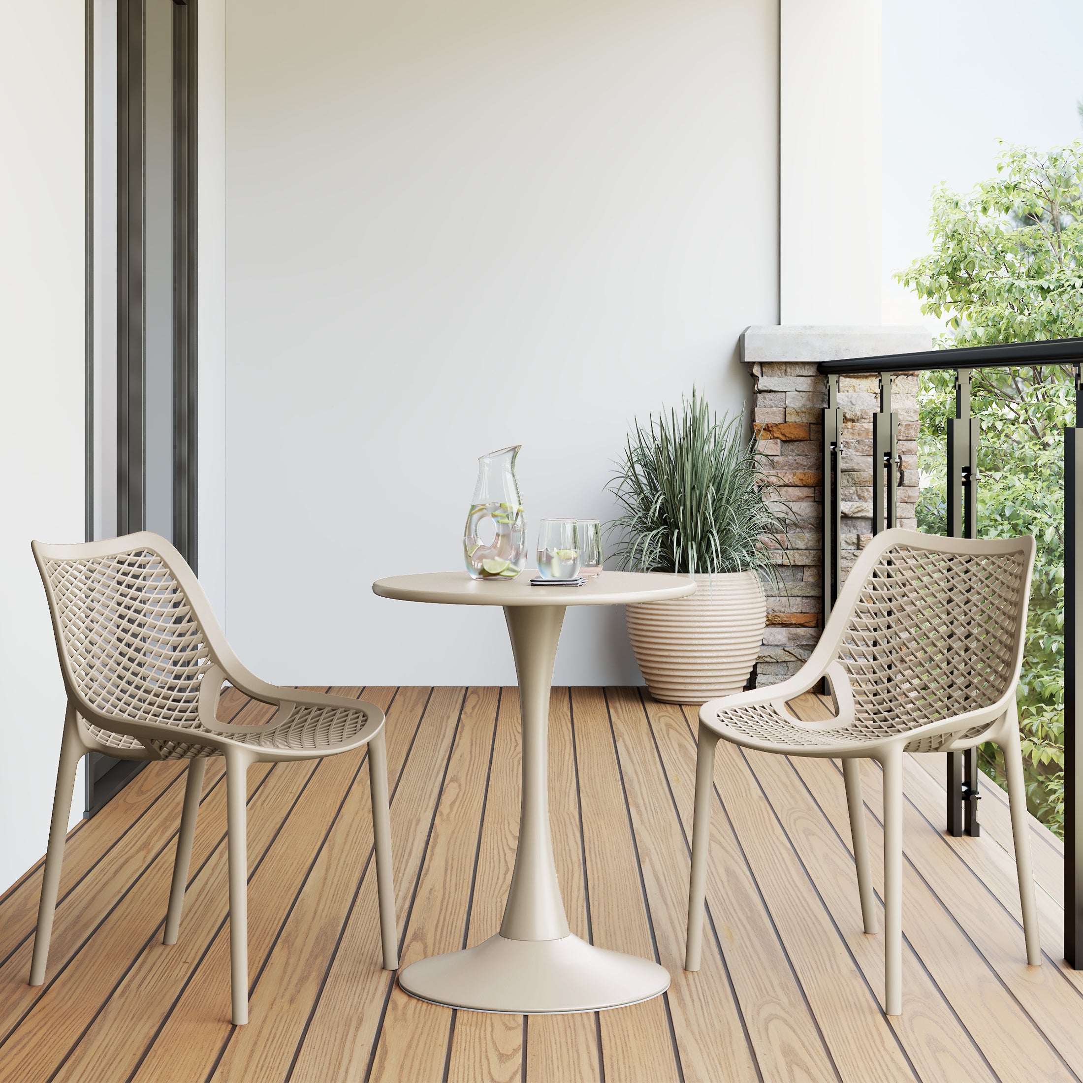 Playa 3-Piece Outdoor Round Metal Dining Table Set And Stackable Resin Patio Dining Side Chairs