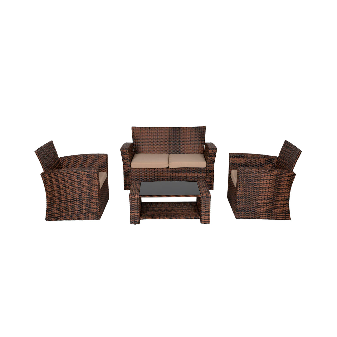 Coastal 4-Piece set Brown color base Outdoor / Patio Wicker Rattan Conversation Sofa set with cushions and a Coffee table ( 4 seater )