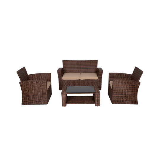 Coastal 4-Piece set Brown color base Outdoor / Patio Wicker Rattan Conversation Sofa set with cushions and a Coffee table ( 4 seater )