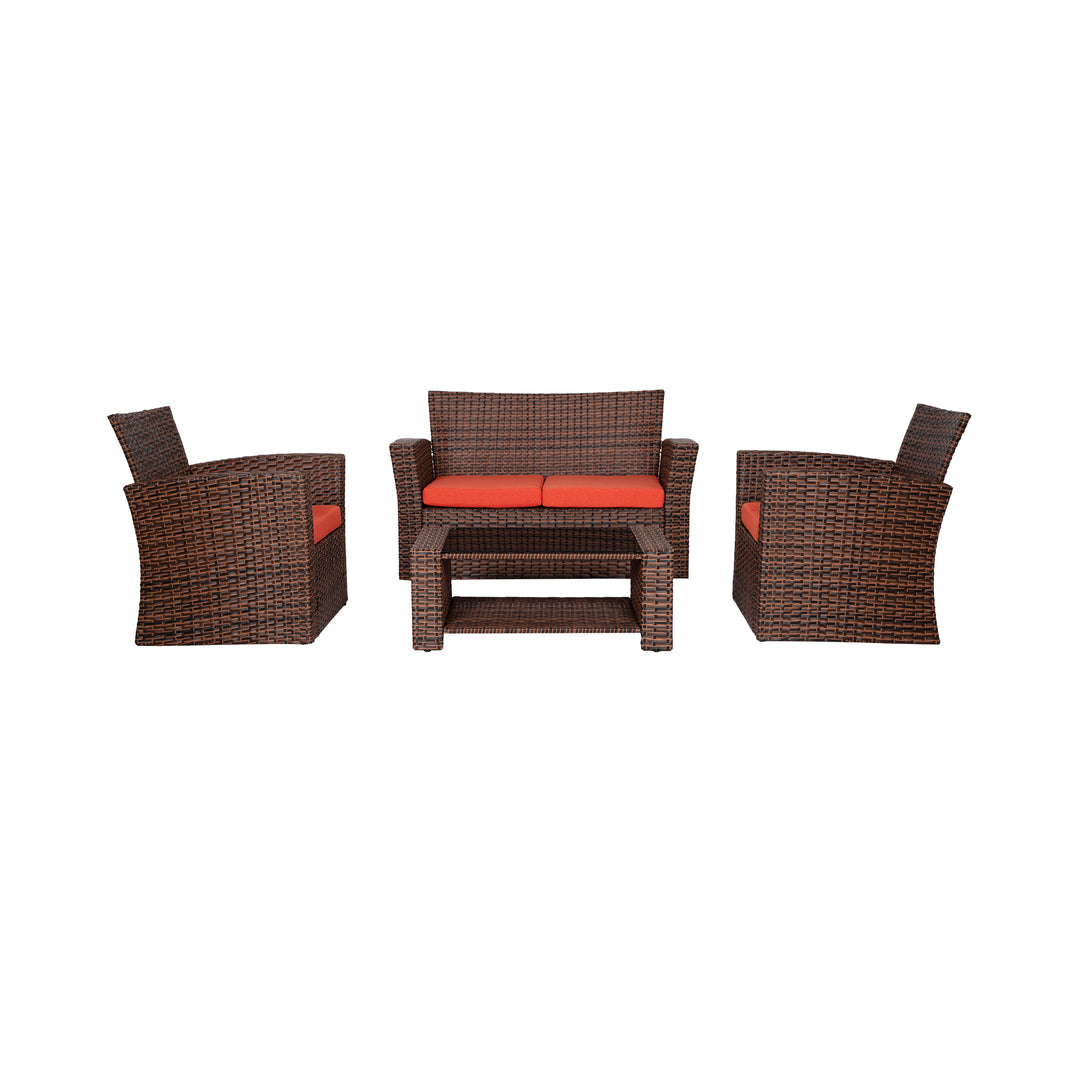 Coastal 4-Piece set Brown color base Outdoor / Patio Wicker Rattan Conversation Sofa set with cushions and a Coffee table ( 4 seater )