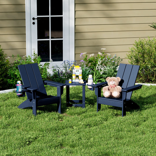 Ashore 3-Piece Kids HDPE Modern Adirondack Chairs Set with Square Side Table and Cup Holders