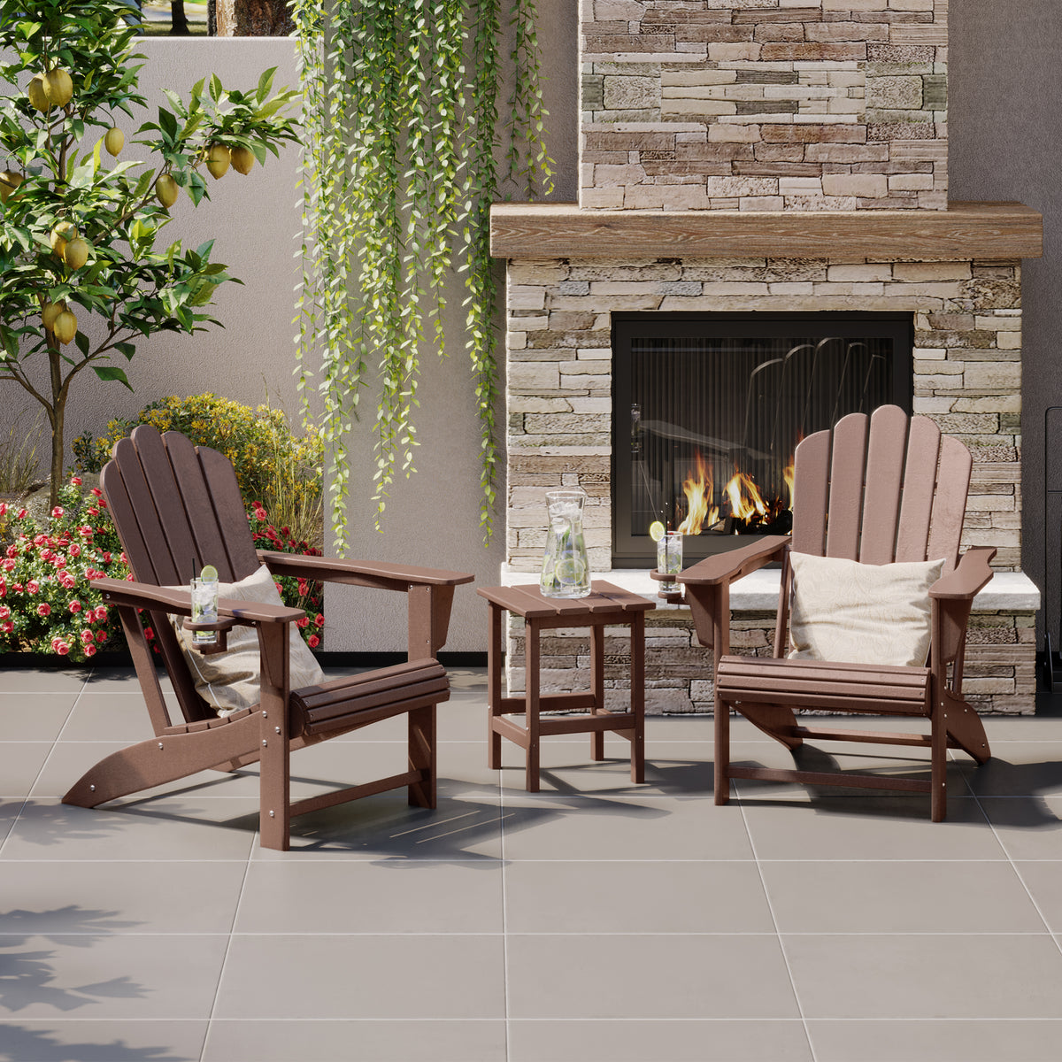 Highland Adirondack chair and table set in Dark Brown styled outdoors