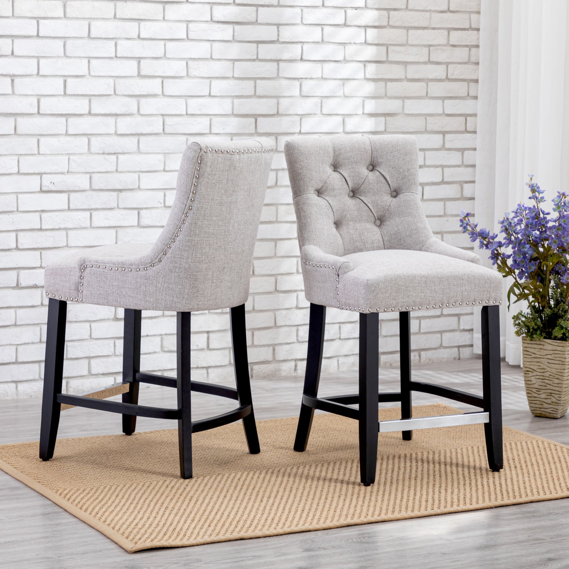 Hayes 24" Upholstered Wood Bar Stool with Tufted Back (Set of 2)
