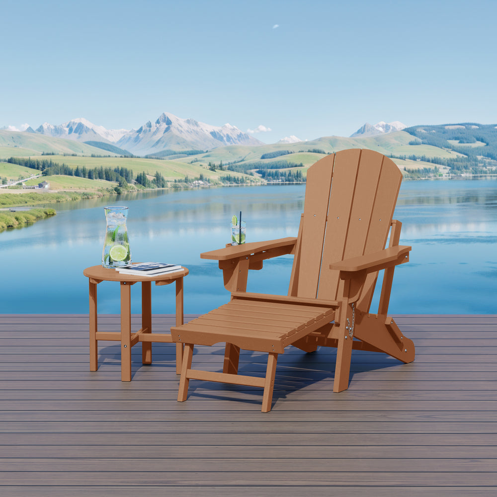 Malibu 2-Piece Outdoor Folding Adjustable Adirondack Chair with Cup Holder & Hideaway Ottoman and 18" Side Table