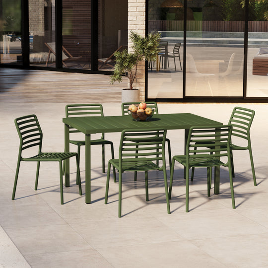 Playa 7-Piece Metal Rectangular Patio Dining Table Set With Stackable Plastic Dining Chairs For 6