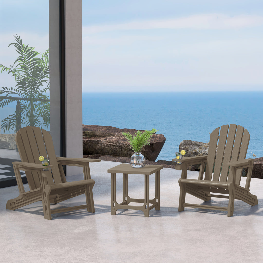 Azura 3-Piece HDPE Plastic Adirondack Patio Chairs With 18" Square Side Table Set