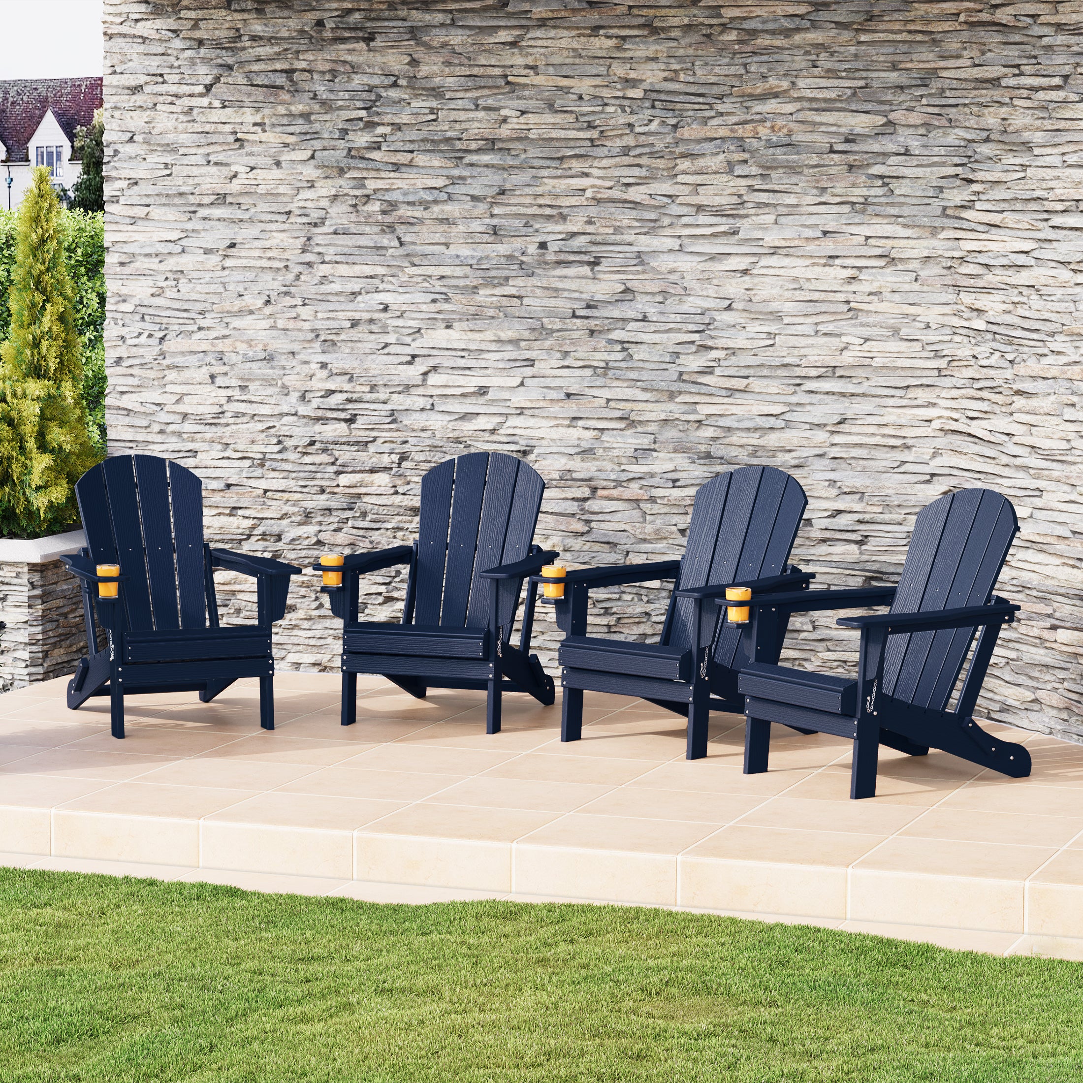 Nantucket Outdoor Patio HDPE Resin Folding Adirondack Chairs With Cup Holder and Phone Holder (Set of 4)