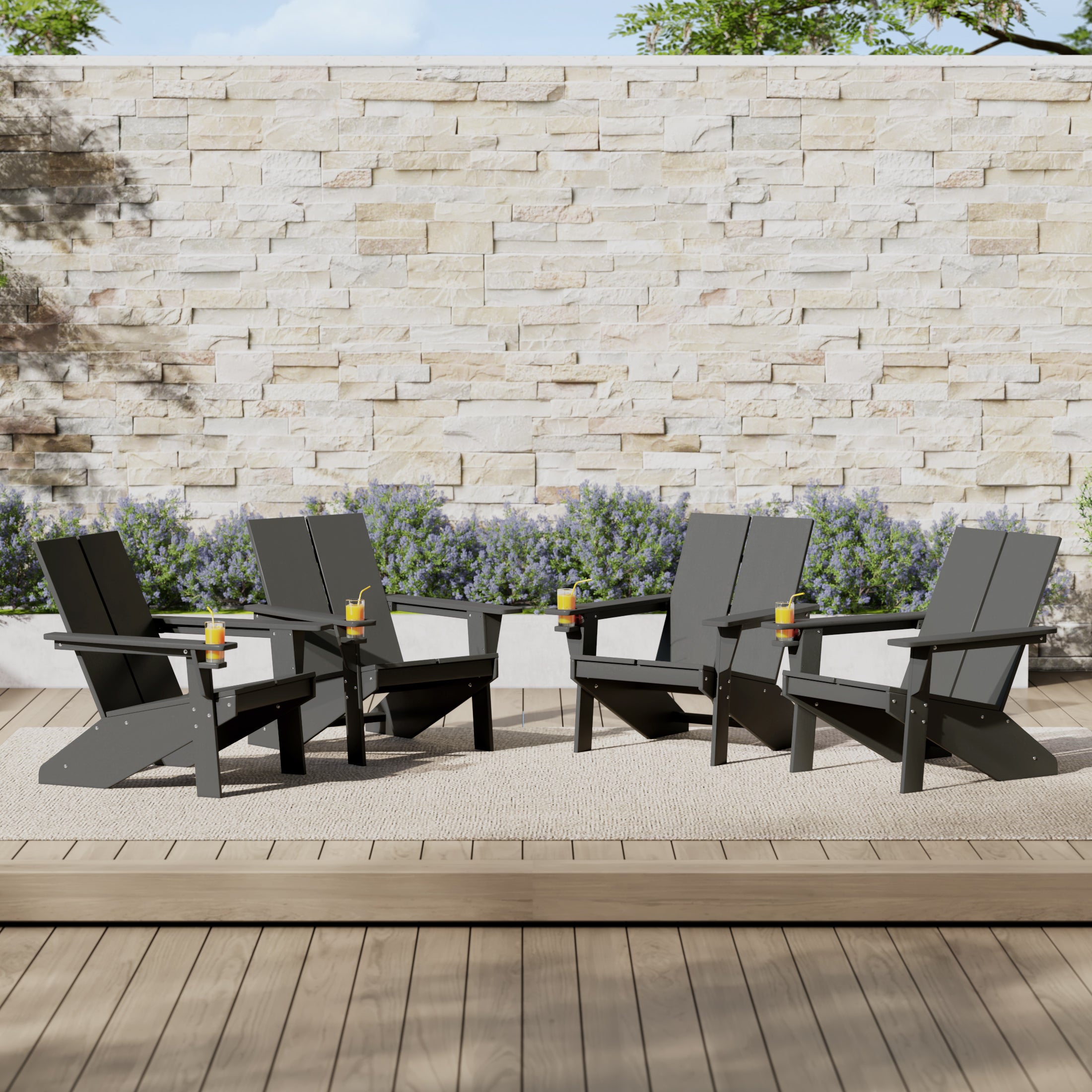 Riviera Outdoor HDPE Modern Adirondack Chair with Cup Holder (Set of 4)