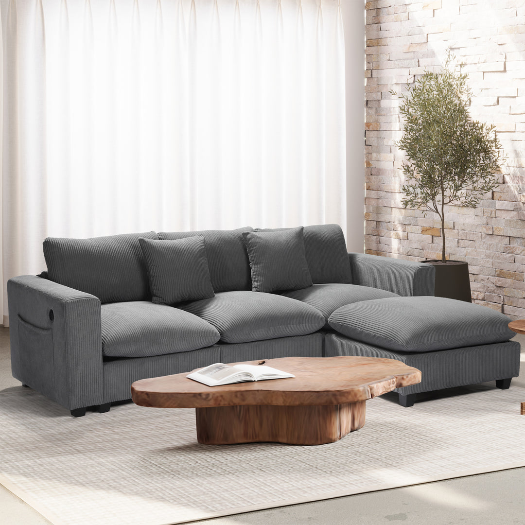 Hearthside 99" Modular Corduroy L-Shaped Sectional Sofa and Chaise With USB/Type-C Ports and Side Pockets