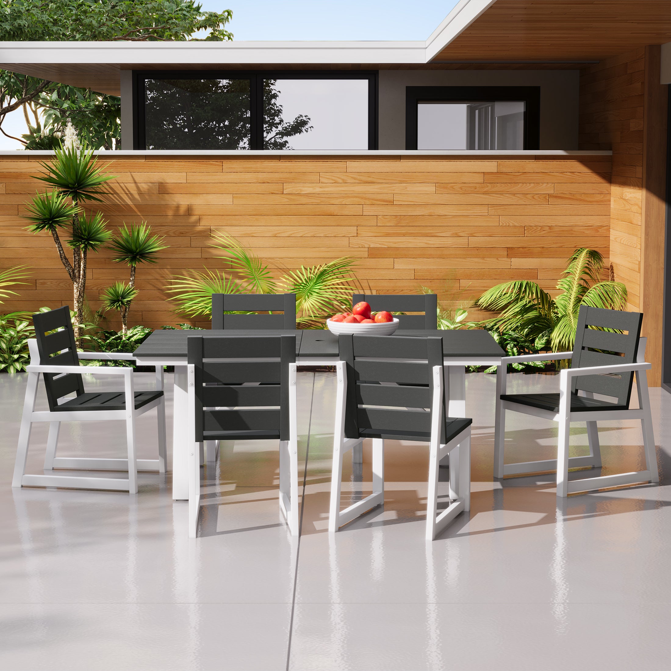 Cape May 7-Piece HDPE Outdoor Furniture Patio Dining Table With Umbrella Hole and Chairs Set For 6